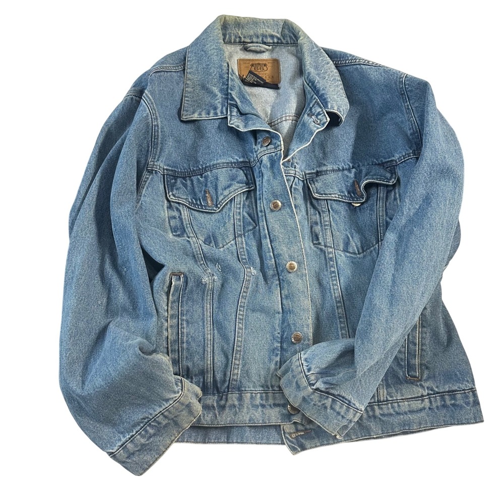 Vintage Route 66 Mens Blue Denim Trucker Jacket Medium Wash Cotton Size Large L
